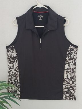 Coral Bay Black Sleeveless Polo Top with Abstract White-Black Side Panels